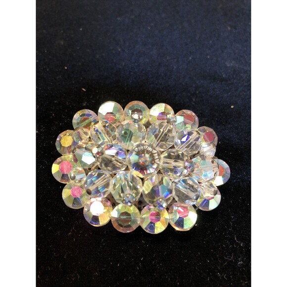 VTG.RETRO IRIDESCENT AURORA BOREALIS MULTI FACET CRYSTAL BEAD OVAL 2” BROOCH - Picture 3 of 7